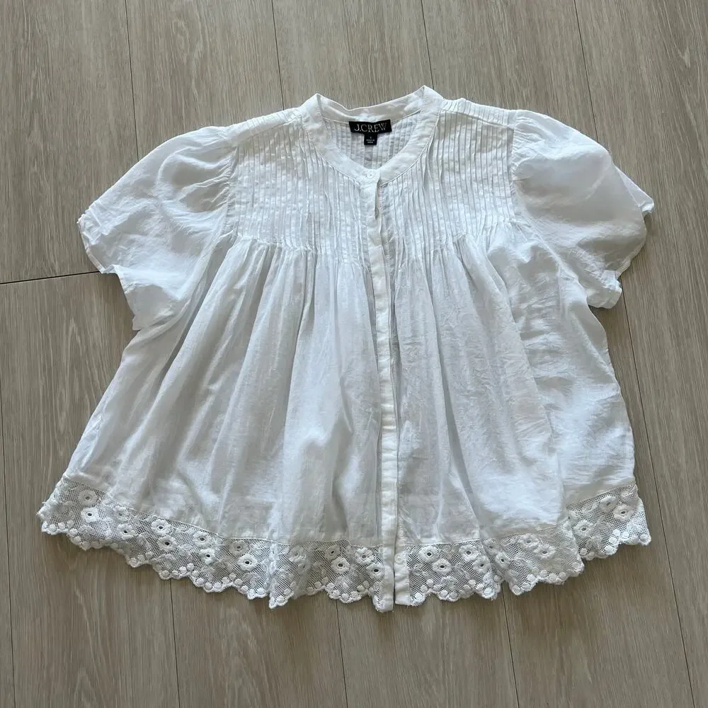 J Crew FLAWED Lace Trim Pintuck Top In Cotton Voile Small White